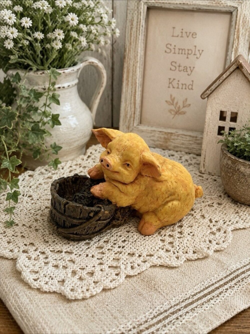 Resin Pig Figurine with Feed Bucket Farmhouse Country Barn Decor Collectible